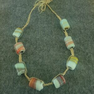 Boho Aqua Striped Barrel Bead Knotted Cord Necklace 16in 20mm